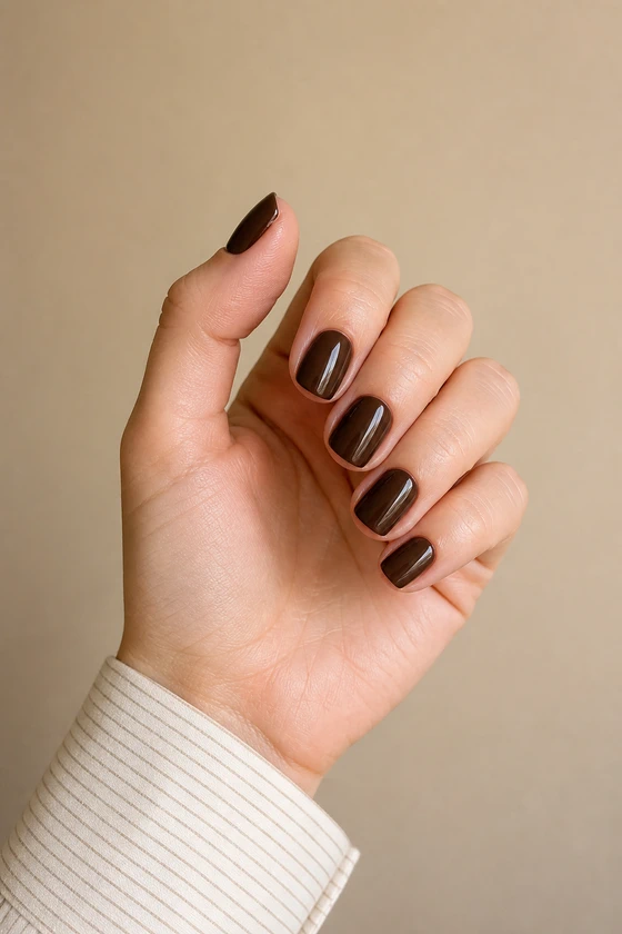 Light skin hand in a compact diagonal curled pose wearing short glossy espresso cocoa squoval nails with a cream stripe cuff
