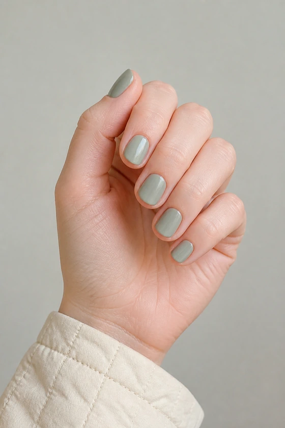 Fair skin hand in a compact curled pose wearing short muted sage gray round nails with a cream quilted cuff in natural daylight