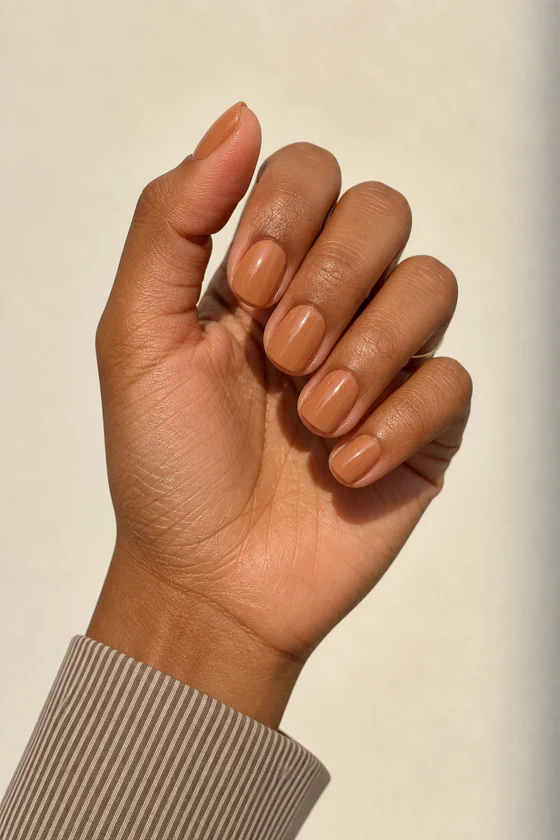 Medium deep skin hand in a softly inward curled pose wearing short glossy caramel beige rounded-square nails with one tiny plain gold band