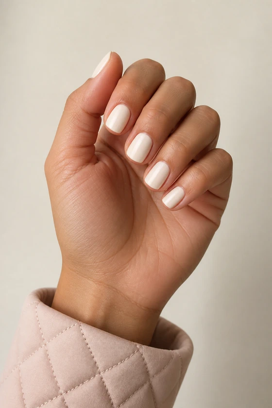 Medium skin hand in a gentle inward curled pose wearing short milky cream square nails with a blush quilted cuff