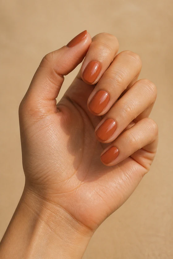 Light olive skin hand in a softly curled diagonal pose wearing short glossy terracotta oval nails against a warm sand background