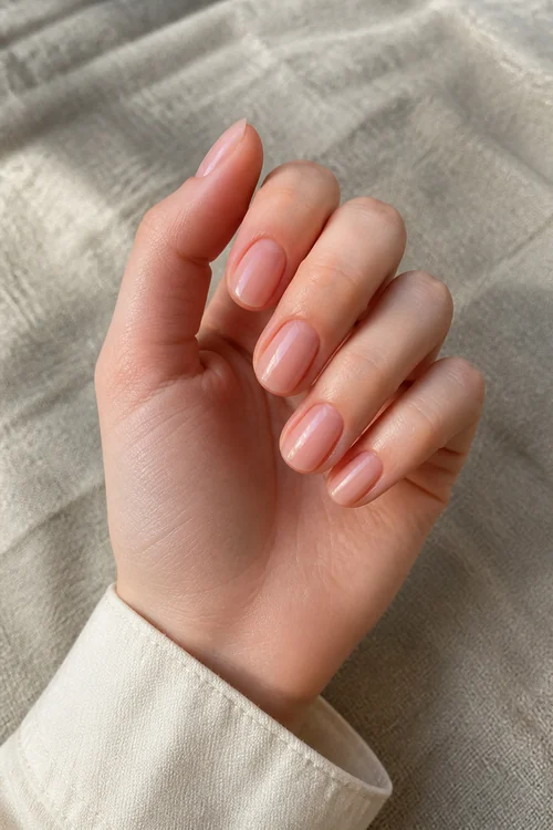 Sheer blush pink short oval nails with a glossy finish on a fair skin tone hand in a softly curled pose with an ivory cuff and visible wrist