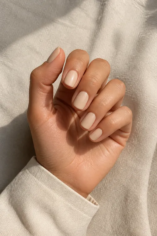 Creamy beige rounded square nails with a glossy finish on a light olive skin tone hand in a compact curled pose with a cream knit cuff and visible wrist