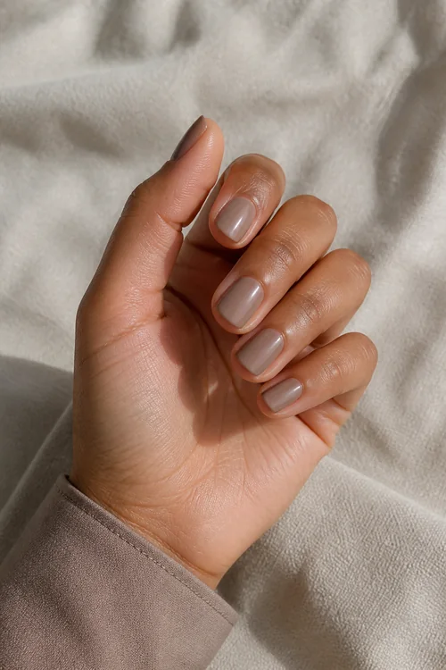 Muted taupe short squoval nails with a soft satin finish on a medium skin tone hand in a relaxed curled pose with a taupe sleeve and visible wrist
