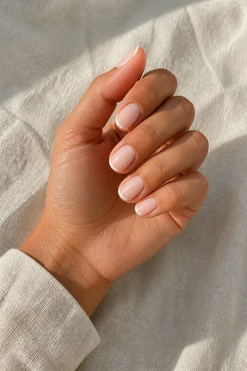 Micro white French tips on short oval nude nails on a tan skin tone hand in a softly curled pose with a beige linen cuff and visible wrist