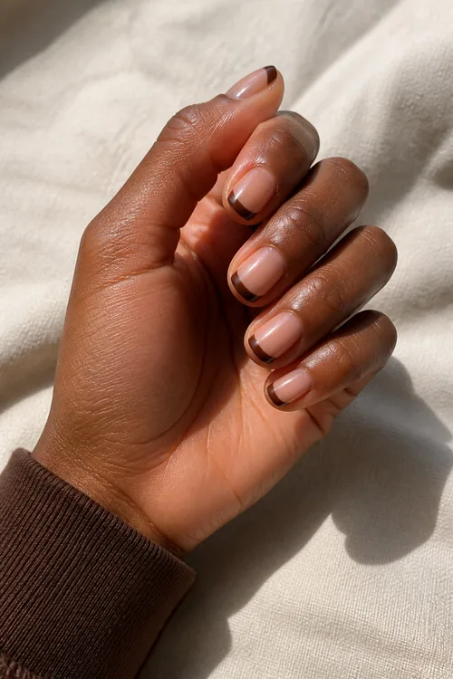 Soft chocolate French tips on short rounded square nails on a deep brown skin tone hand in a gentle curled pose with a cocoa sleeve and visible wrist