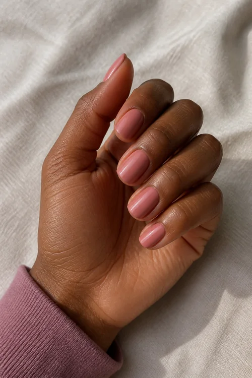 Muted rose French tips on short squoval nude nails on a rich dark brown skin tone hand in a softly curled pose with a mauve cuff and visible wrist
