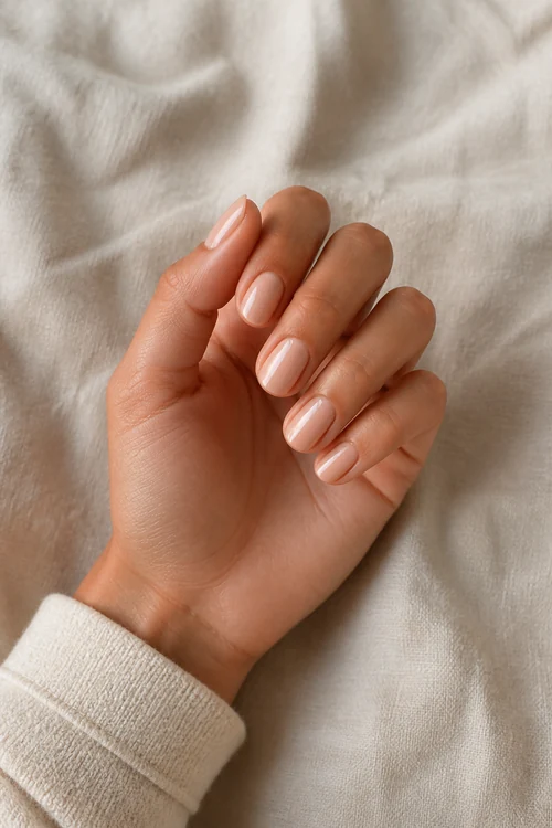 Glazed nude short oval nails with a wet glossy finish on a light brown skin tone hand in a compact curled pose with an oatmeal cuff and visible wrist