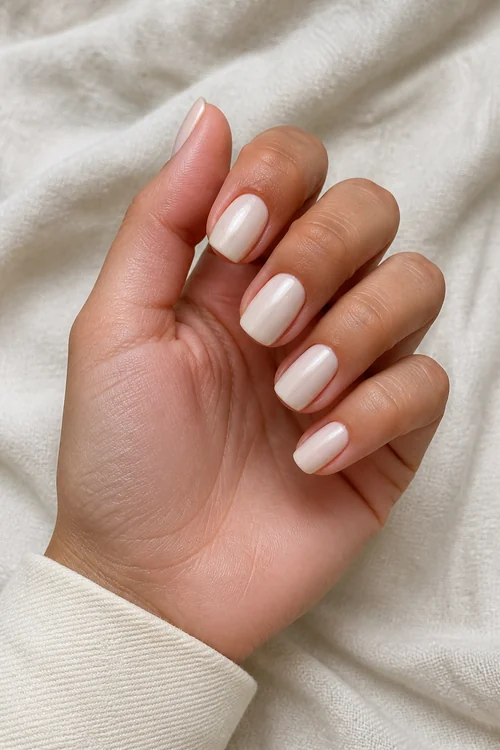 Soft ivory pearl short squoval nails on a medium olive skin tone hand in a relaxed curled pose with an ivory sleeve and visible wrist in natural daylight