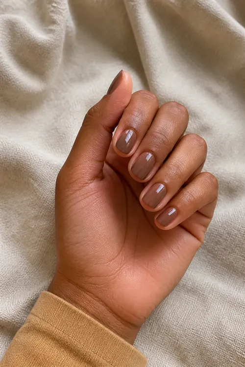 Glossy soft mocha short oval nails on a medium deep skin tone hand in a gently curled pose with a warm beige cuff and visible wrist
