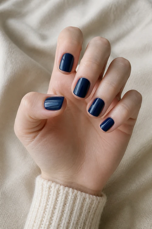 Short glossy ink navy rounded square nails on a fair skin tone hand in a softly curled pose with a cream knit cuff and visible wrist