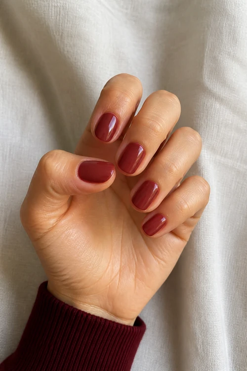 Glossy muted cherry red short oval nails on a light olive skin tone hand in a compact curled pose with a burgundy cuff and visible wrist