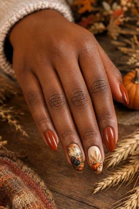 Long rust oval nails with harvest turkey scene, glossy diagonal hand pose, rich dark brown skin tone