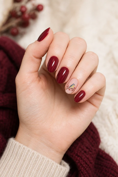 Cranberry almond nails with tiny illustrated turkey, glossy three quarter hand pose, fair skin tone