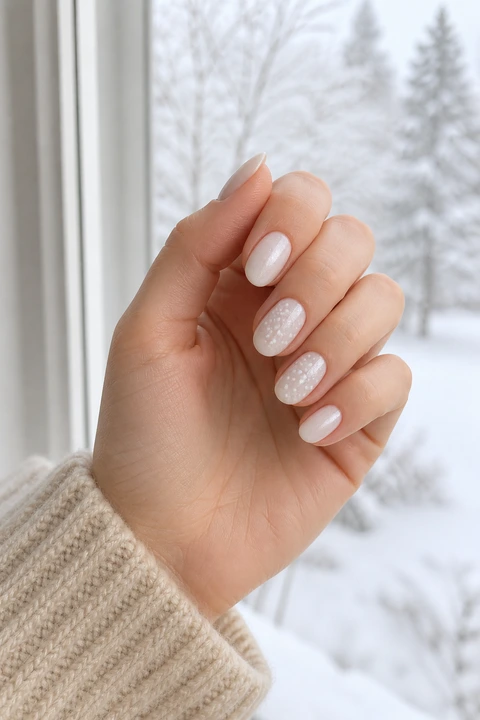 Sheer milky white short almond nails with pearl shimmer and tiny pearl snow dot details on one fair skin tone, shown on one softly curled hand with an oatmeal cuff and connected short wrist in natural daylight