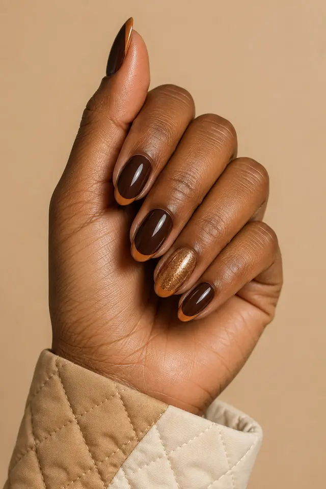 Glossy chocolate brown short almond nails with caramel French tips and one warm-gold accent on one deep brown skin tone hand in a compact curled fist with a raised thumb, camel quilted cuff, and connected short wrist