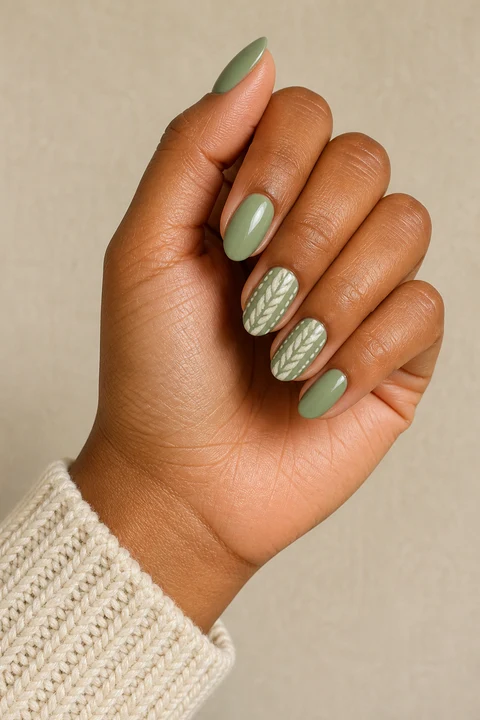 Glossy muted sage-green short almond nails with cream knit-inspired accents on medium-deep golden brown skin in an upright softly curled pose with a cream knit sleeve, visible short wrist, and natural daylight