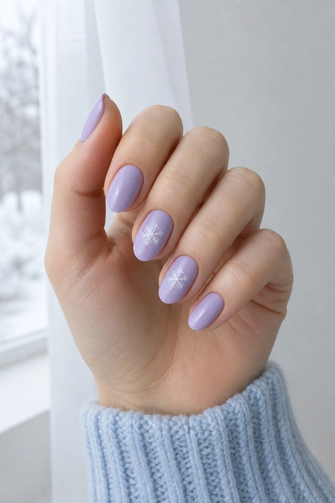 Glossy icy lavender short almond nails with delicate white snowflake accents on light cool-neutral skin in an upright softly curled pose with a powder-blue knit sleeve, visible short wrist, and natural daylight