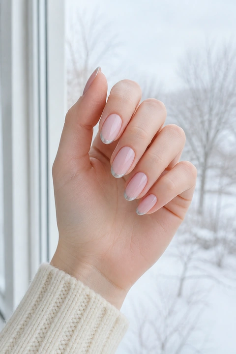 Glossy sheer milky pink medium-short almond nails with delicate silver crescent tips on fair cool skin in an upright softly curled pose with a cream knit sleeve, visible short wrist, and natural daylight