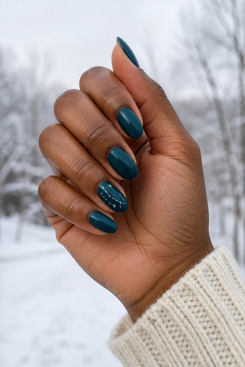 Glossy midnight teal short almond nails with white constellation dots and tiny star accents on deep neutral brown skin in an upright softly curled pose with an ivory knit sleeve, visible short wrist, and natural daylight