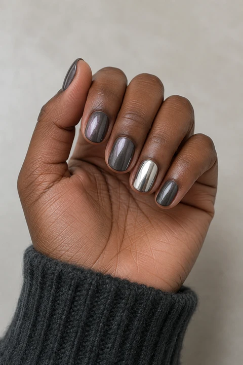 Smoky graphite chrome short oval nails with a sheer nude base and a mirror silver accent on a rich dark brown skin tone, shown on one palm-up hand with a charcoal cuff and connected short wrist