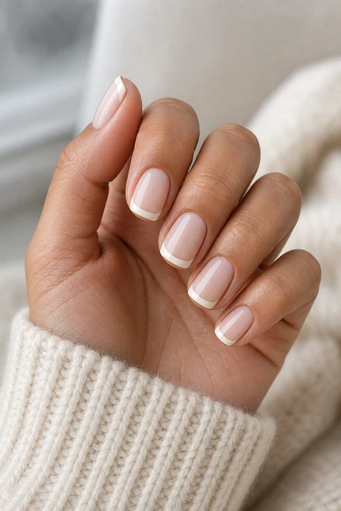 Cream French tip nails on a medium skin tone hand in a softly curled pose with visible wrist and short partial forearm, natural daylight