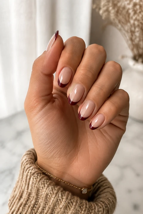 Burgundy French tip nails on a tan skin tone hand in a fingertip-rest pose with visible wrist and short partial forearm, natural daylight