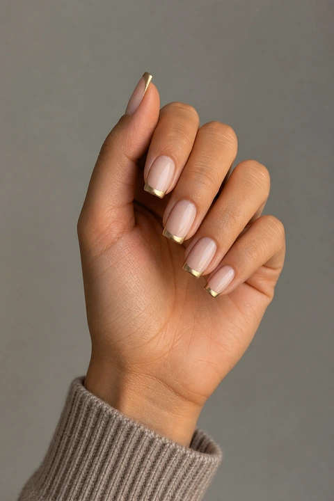 Glossy sheer beige medium softly squared nails with precise antique-gold French tips on medium olive skin in an upright softly curled pose with a taupe knit sleeve, visible short wrist, and natural daylight