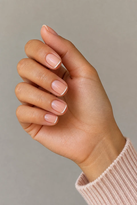 Sheer peach short rounded-square nails with ultra-thin white micro French edges on tan warm skin in an upright softly curled pose with a pale blush knit sleeve, visible short wrist, and natural daylight