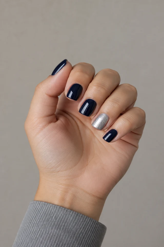Glossy midnight navy short squoval gel nails with one icy-silver accent on one light skin tone hand in a controlled curled display with a cool grey narrow-stripe cuff and connected short wrist