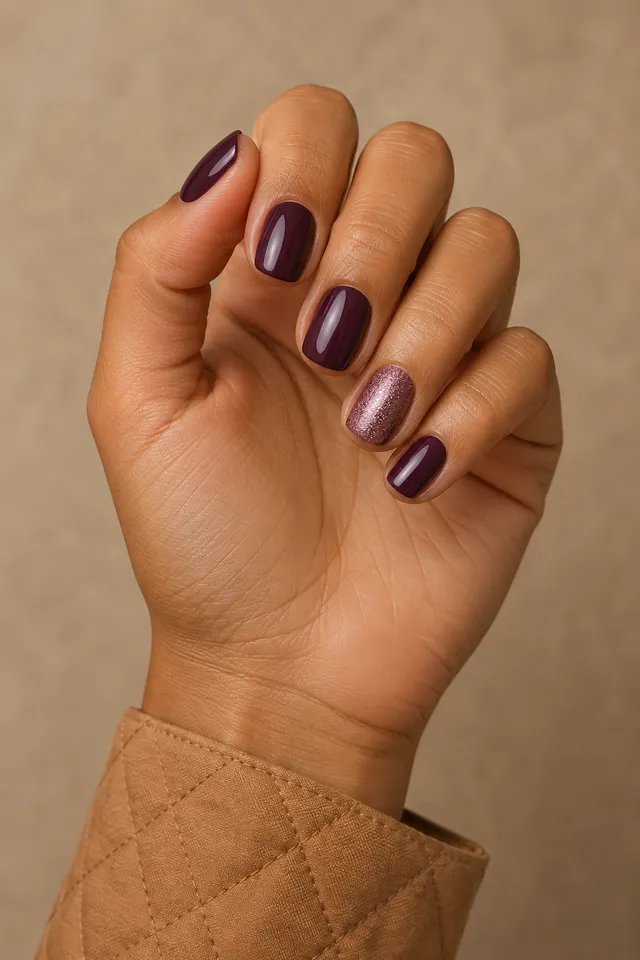 Glossy deep plum short rounded-square gel nails with one rose-shimmer accent on one medium warm brown skin tone hand in a layered macro fan with a camel quilted cuff and connected short wrist