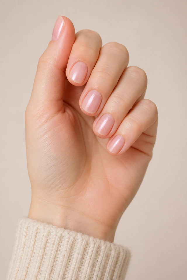 Frosted blush short round nails on a softly curled hand with fair skin and a cream knit cuff in natural daylight