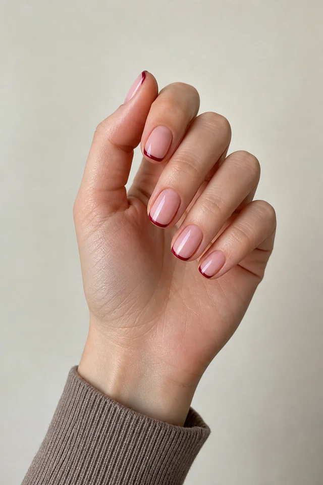 Cranberry micro French short squoval nails on a compact curled hand with light skin and a taupe sleeve in natural daylight