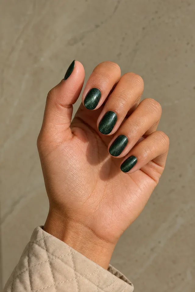 Pine green velvet short oval nails on a gently curled hand with medium skin and a beige quilted cuff in natural daylight