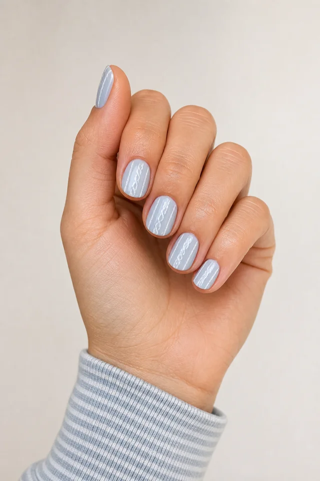 Icy blue sweater stripe short round nails on a softly curled hand with light olive skin and a muted stripe cuff in natural daylight