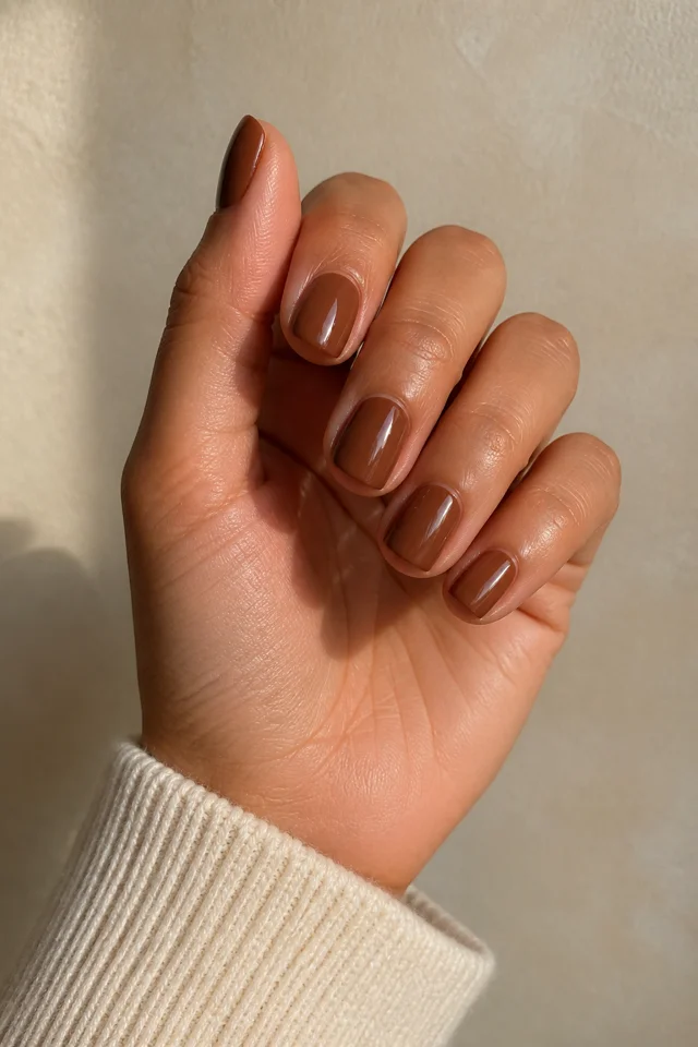 Cinnamon cocoa glazed short rounded square nails on a compact curled hand with warm tan skin and an oatmeal sleeve in natural daylight