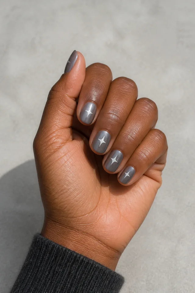 Silver starburst short oval nails on a gently curled hand with deep brown skin and a charcoal knit cuff in natural daylight
