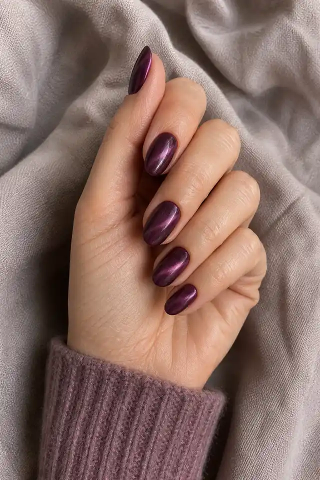 Plum velvet short almond nails on a softly curled hand with light beige skin and a mauve ribbed cuff in natural daylight