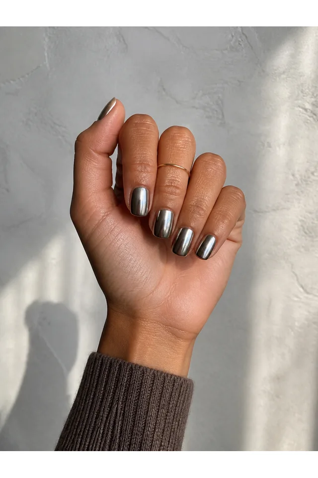Pewter chrome short rounded square nails on a compact curled hand with medium olive-brown skin, a taupe ribbed cuff, and one plain ring on the middle finger in natural daylight