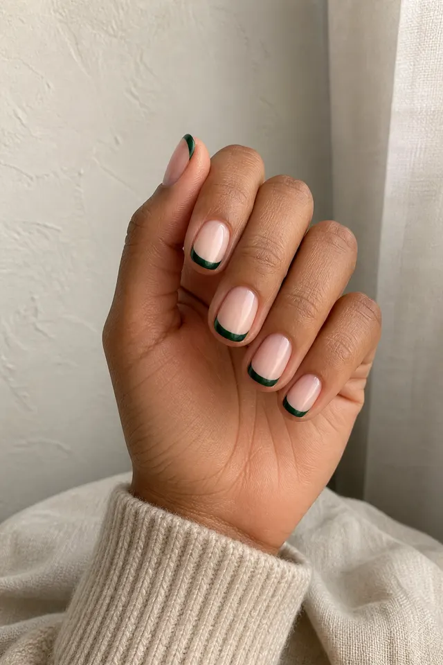 Evergreen French short squoval nails on a gently curled hand with medium-deep brown skin and an oatmeal knit cuff in natural daylight