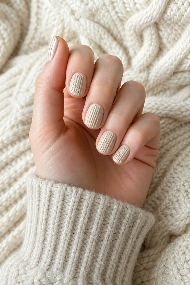 Oatmeal knit-inspired short round nails on a softly curled hand with fair cool-beige skin and a chunky oatmeal cuff in natural daylight