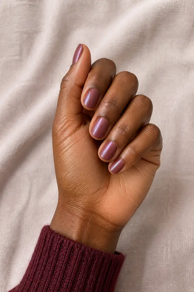 Rosewood pearl short oval nails on a compact curled hand with rich dark-brown skin and a burgundy ribbed cuff in natural daylight