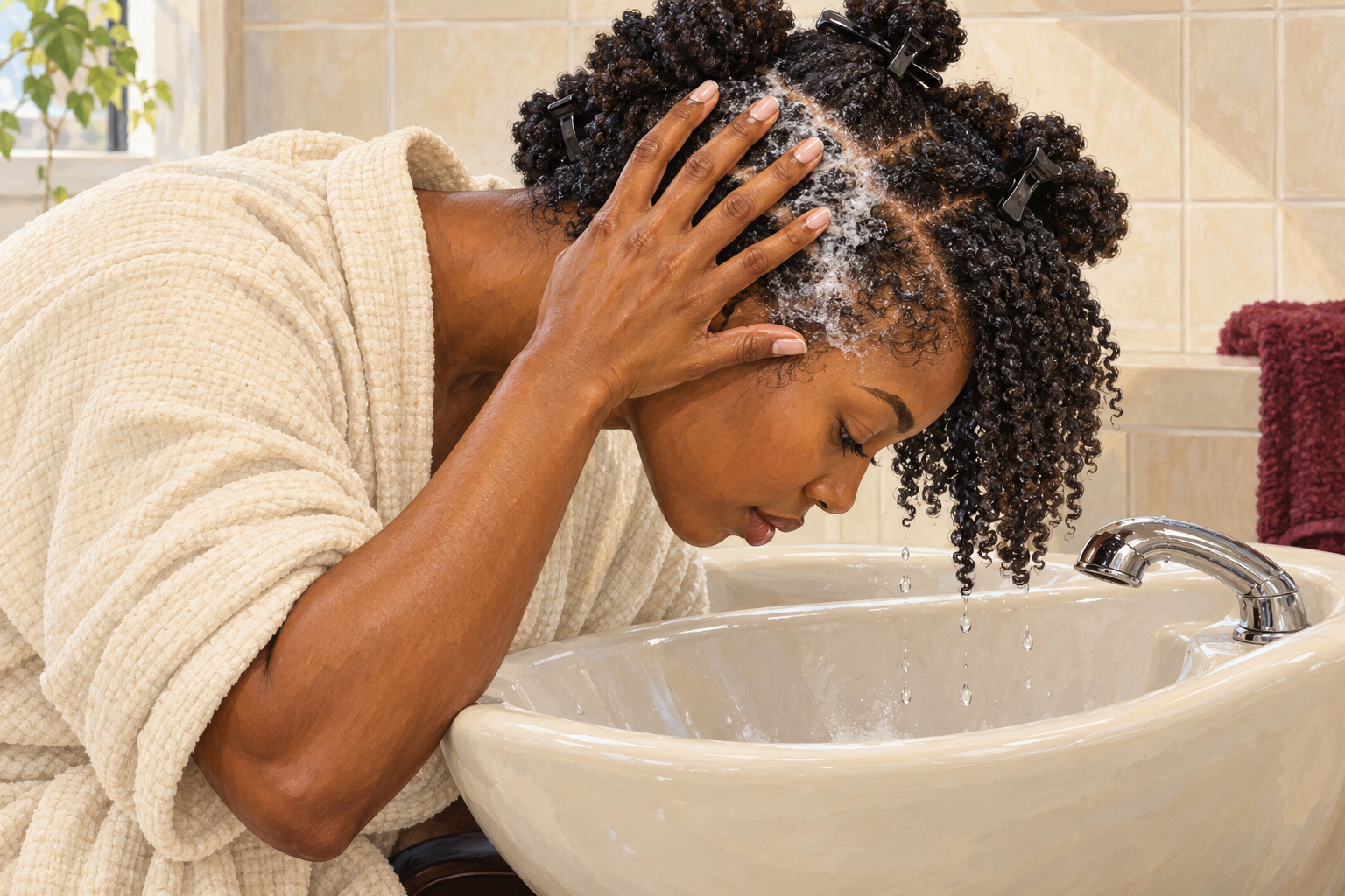 A woman gently cleanses her tightly coiled scalp in sections over a wash basin.