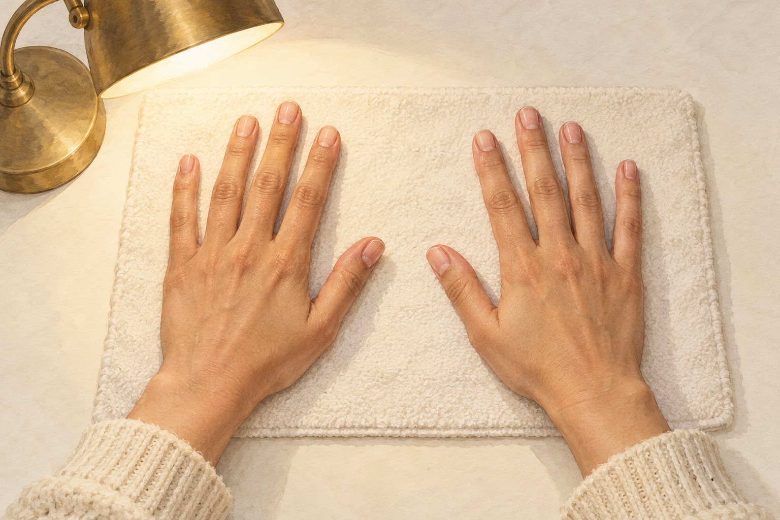A natural bare hand rests on a towel for a close look at the nails.