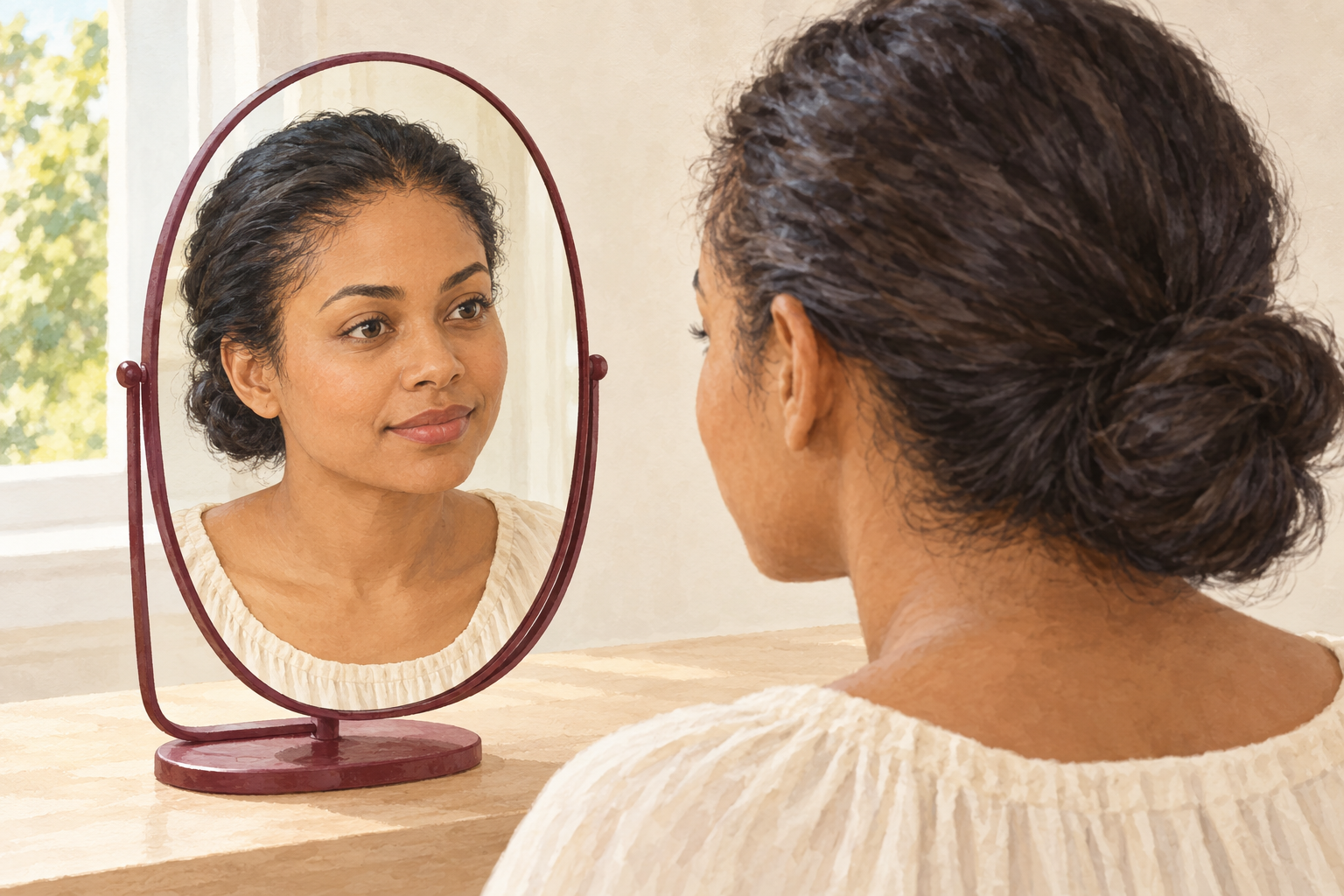 A woman checks her front hairline in a mirror beside a camera setup.