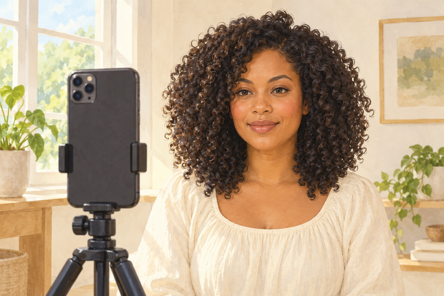 A woman records her natural curls with a phone on a stand.