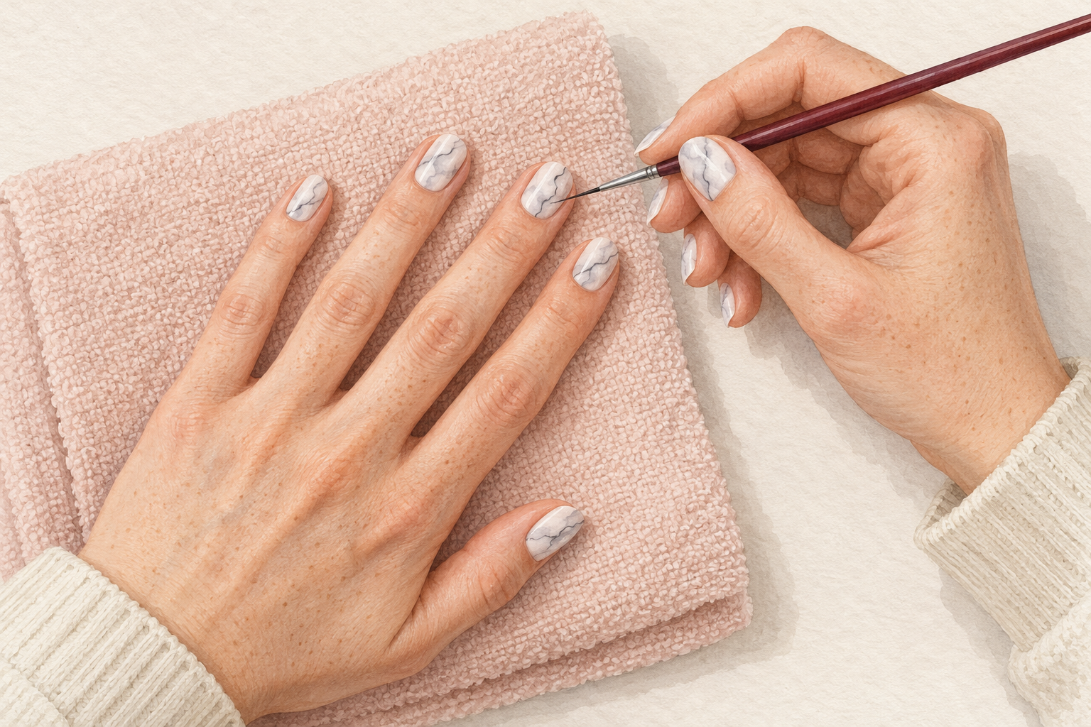 A fine brush adds a thin dark vein to pale marbled nail art.
