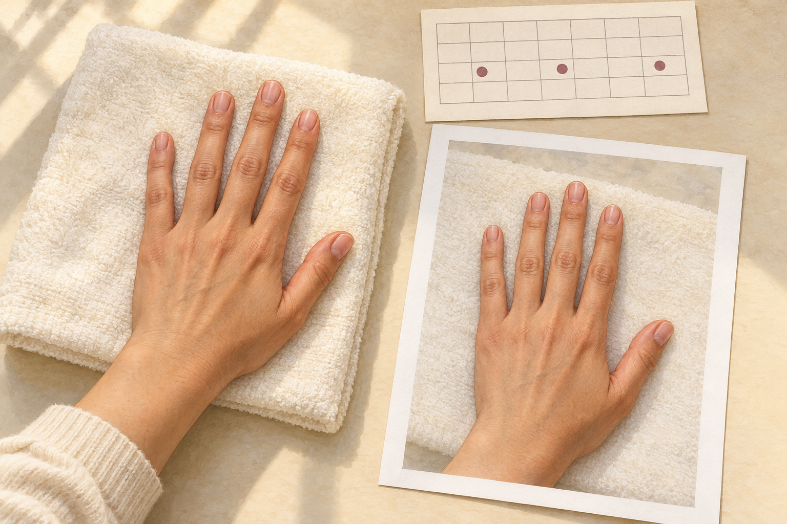 A bare natural hand rests beside a blank calendar for a consistent starting record.