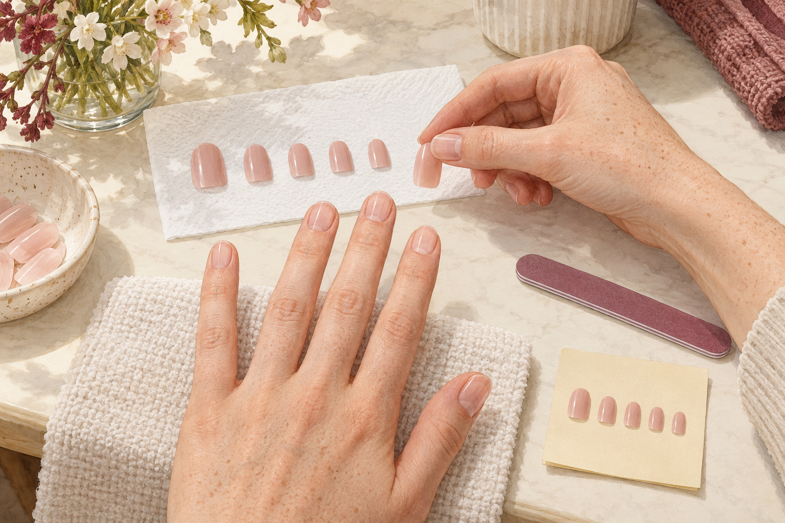 Press-on tips are matched to the widths of five bare natural nails.