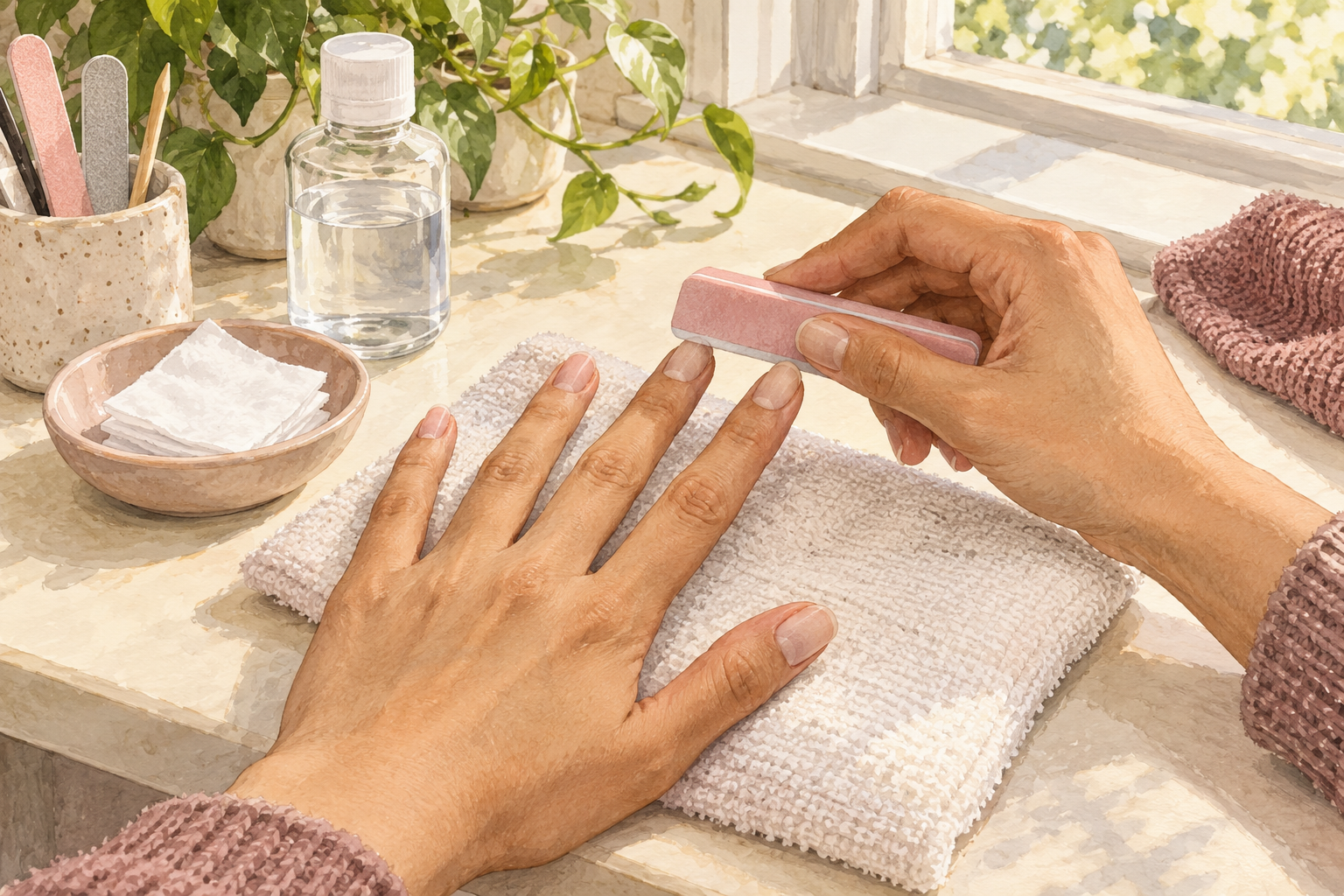 A soft buffer lightly touches a natural nail beside a wipe and plain bottle.